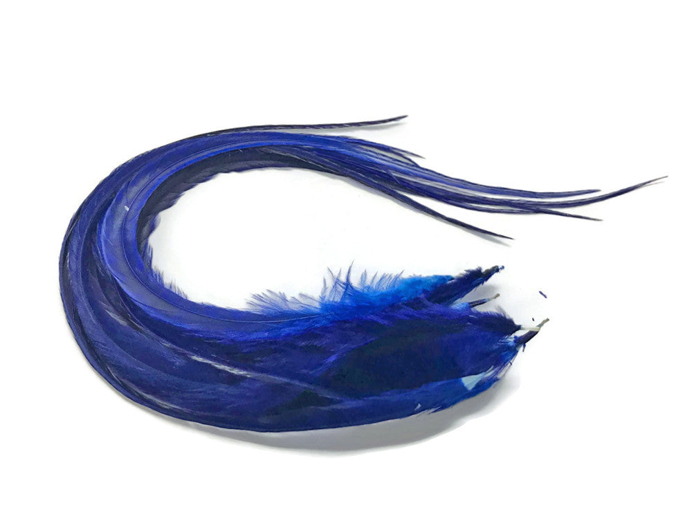 6 Pieces - Solid Royal Blue Thick  Long Rooster Hair Extension Feathers