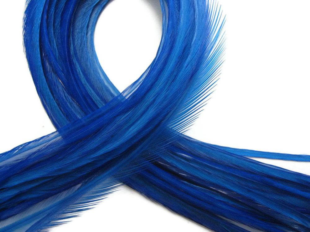 6 Pieces - XL Solid Royal Blue Thin Rooster Hair Extension Feathers