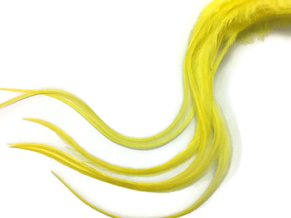 6 Pieces - XL Solid Sunshine Yellow Thick Rooster Hair Extension Feathers