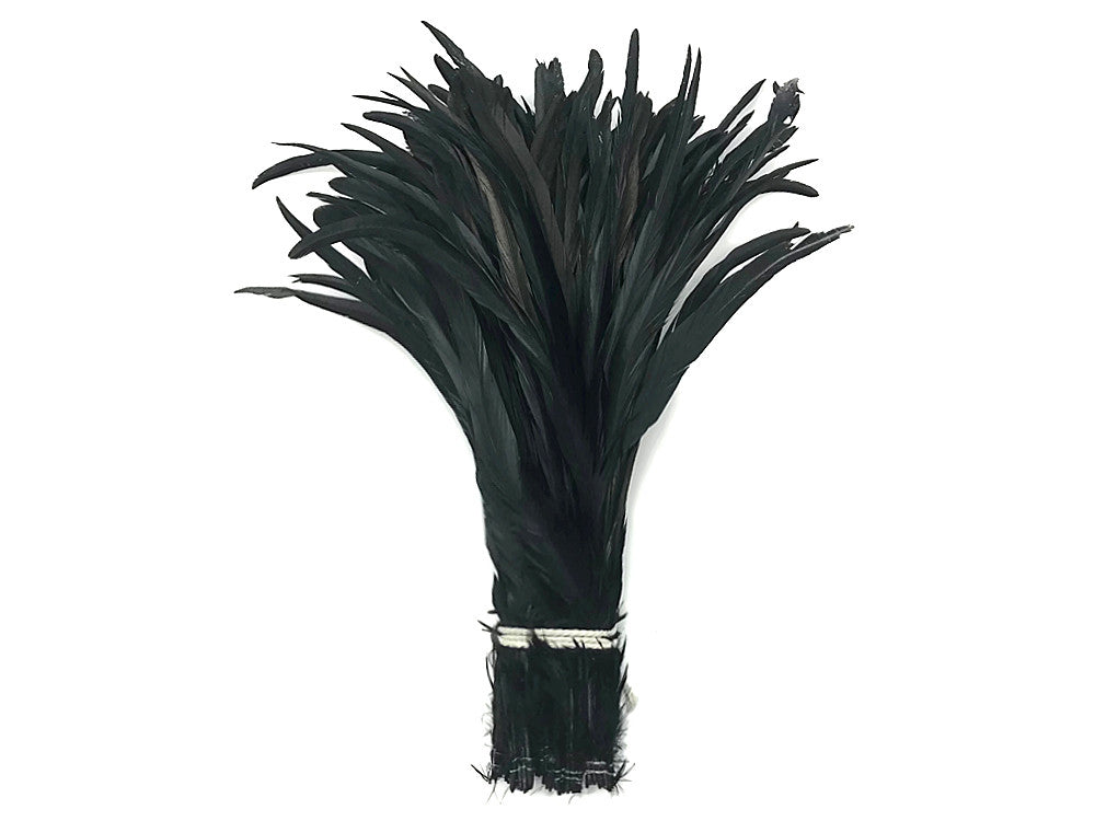 2.5 Inch Strip - 14-16" Black Strung Natural Bleach & Dyed Coque Tails Feathers