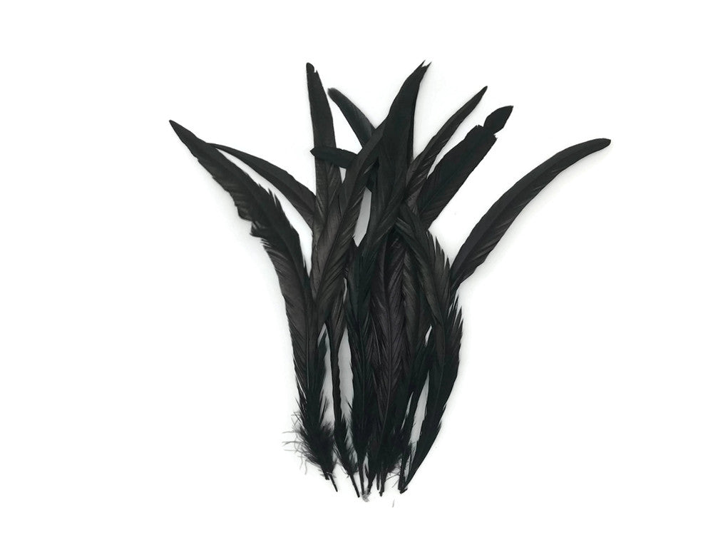 1/2 Yard - 14-16" Black Strung Natural Bleached & Dyed Rooster Coque Tail Wholesale Feathers (Bulk)