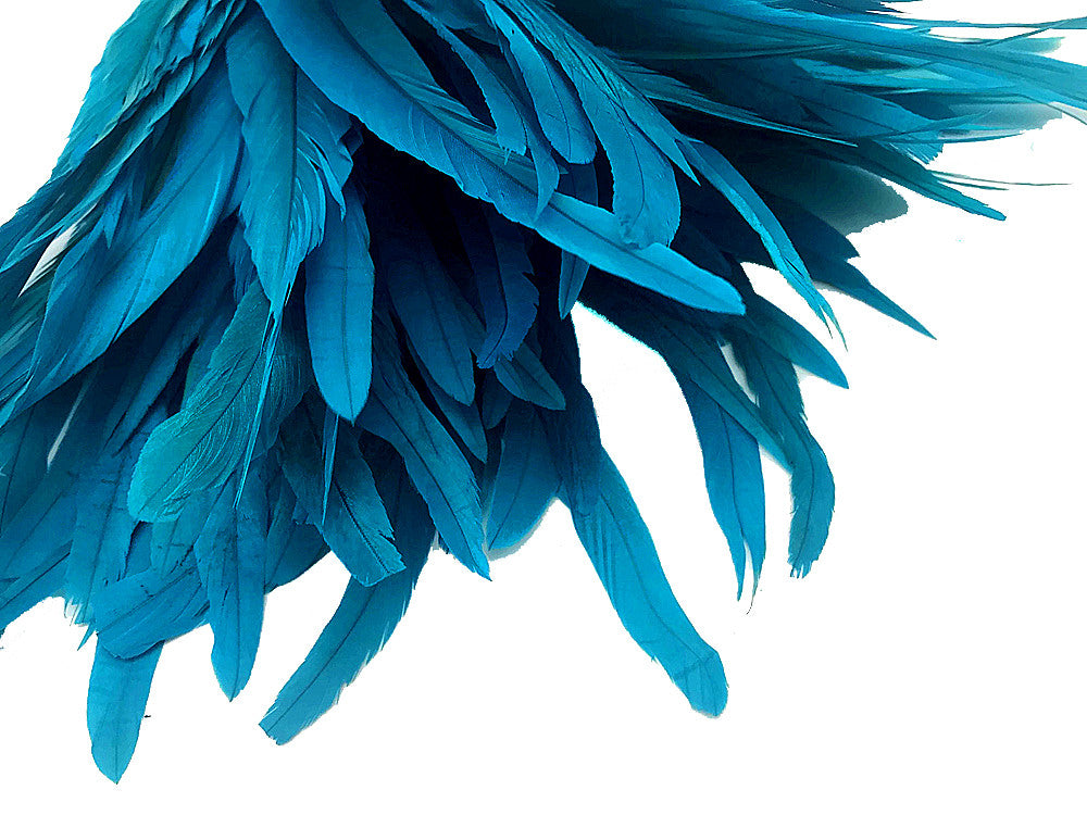 2.5 Inch Strip - 16-18" Turquoise Blue Strung Bleach & Dyed Rooster Coque Tail Feathers