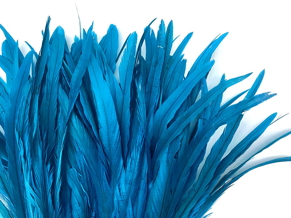 2.5 Inch Strip - 14-16" Turquoise Blue Strung Natural Bleach & Dyed Coque Tails Feathers