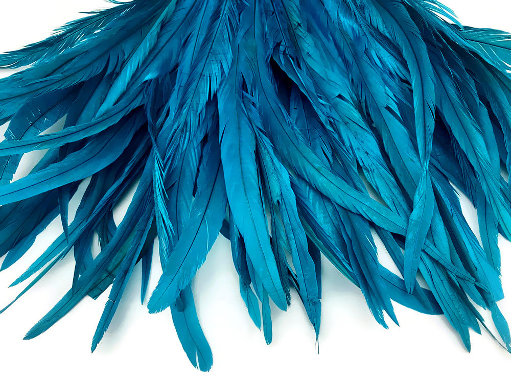 2.5 Inch Strip - 14-16" Turquoise Blue Strung Natural Bleach & Dyed Coque Tails Feathers