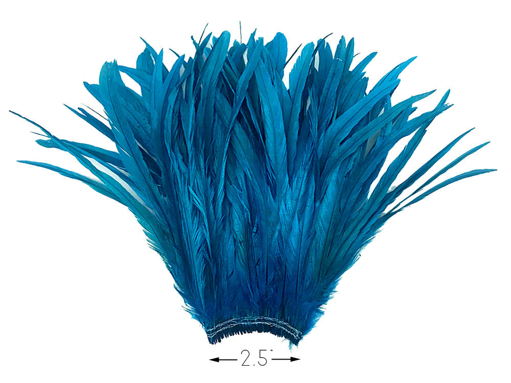 2.5 Inch Strip - 16-18" Turquoise Blue Strung Bleach & Dyed Rooster Coque Tail Feathers