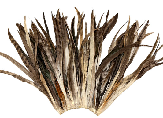 2.5  Inch Strip -  14-16" Natural Brown Chinchilla Mix Coque Tail Strung Feathers
