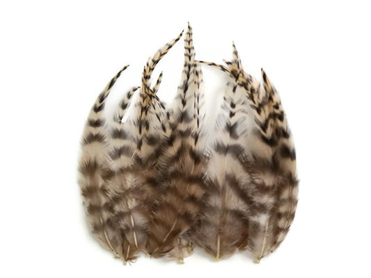 1 Dozen - Short Tan Grizzly Whiting Farm Rooster Saddle Hair Extension Feathers