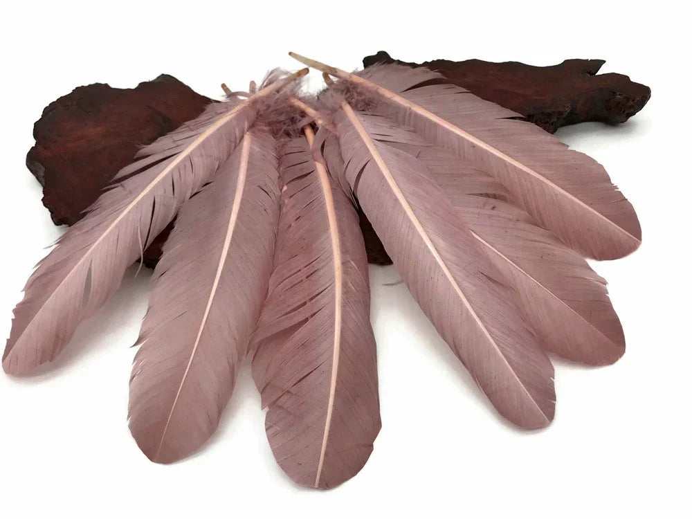 Five dusty rose pink craft feathers arranged on a dark wood piece.