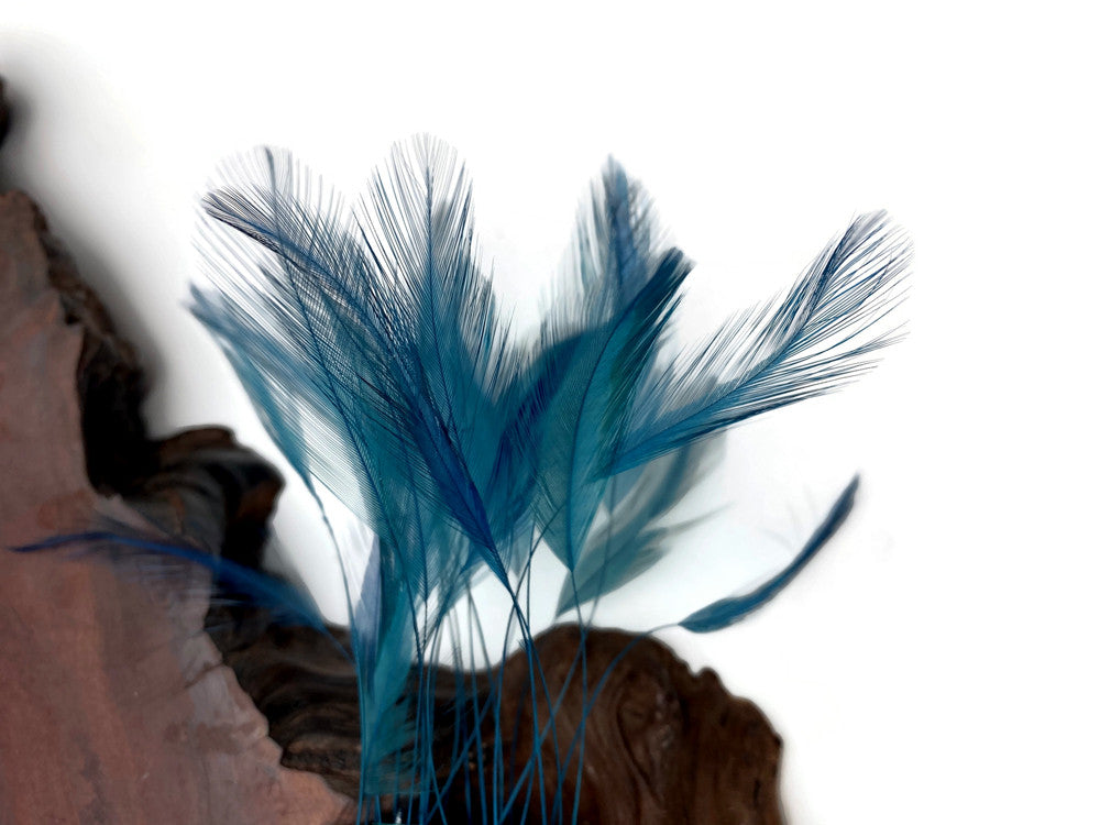 1 Dozen - Teal Blue Stripped Rooster Neck Hackle Eyelash Feather