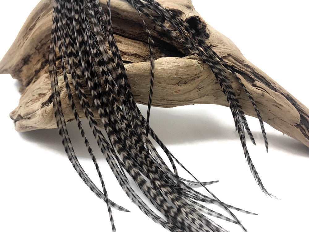 10 Pieces - Grey Dun Grizzly Thin Long Rooster Hair Extension Feathers