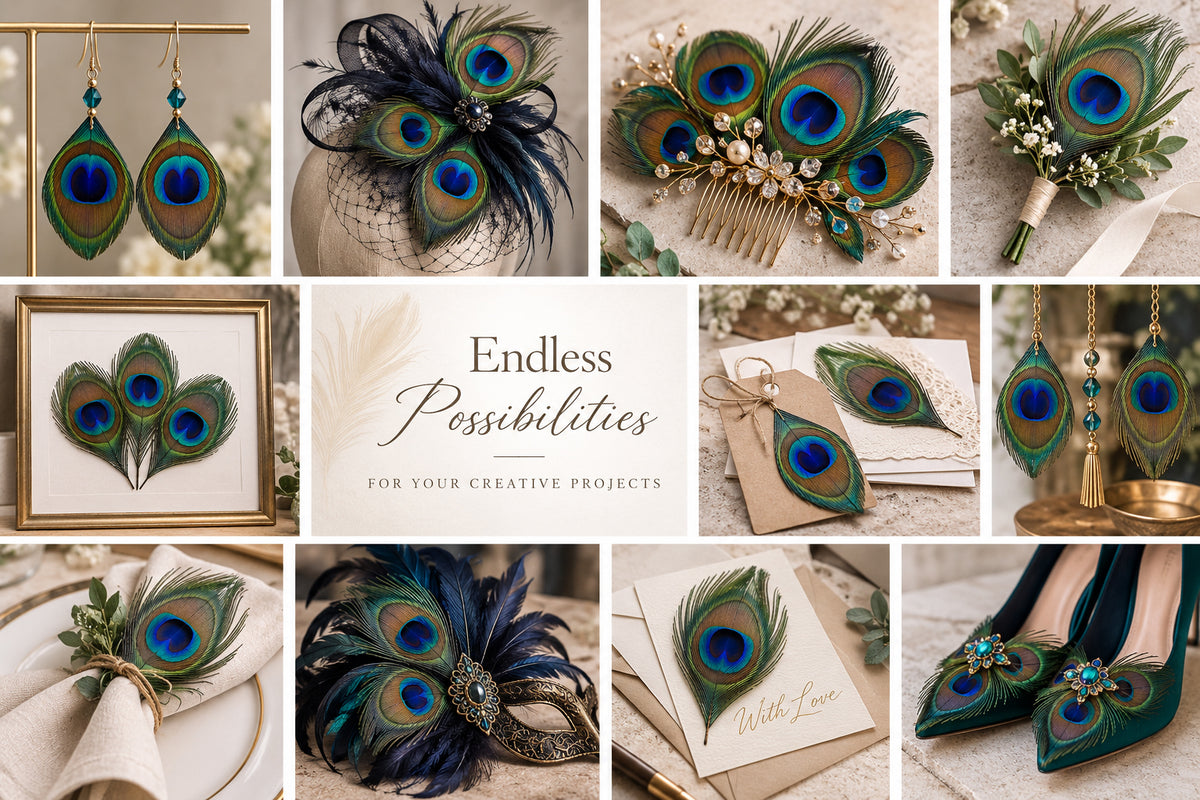 10 Pieces - Hand Trimmed Natural Iridescent Green Peacock Tail Eye Feathers