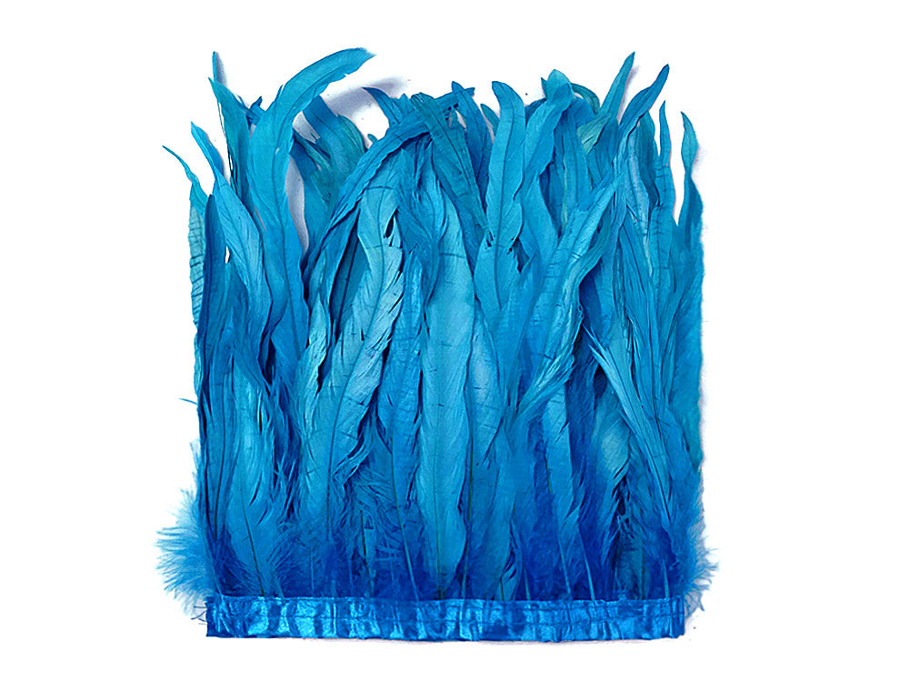 1 Yard - 10-12" Turquoise Blue Bleach & Dyed Coque Tails Long Feather Trim (Bulk)