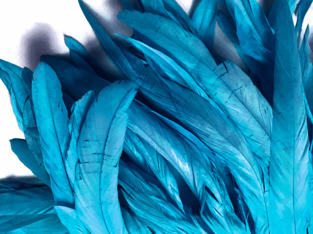 1 Yard - 10-12" Turquoise Blue Bleach & Dyed Coque Tails Long Feather Trim (Bulk)