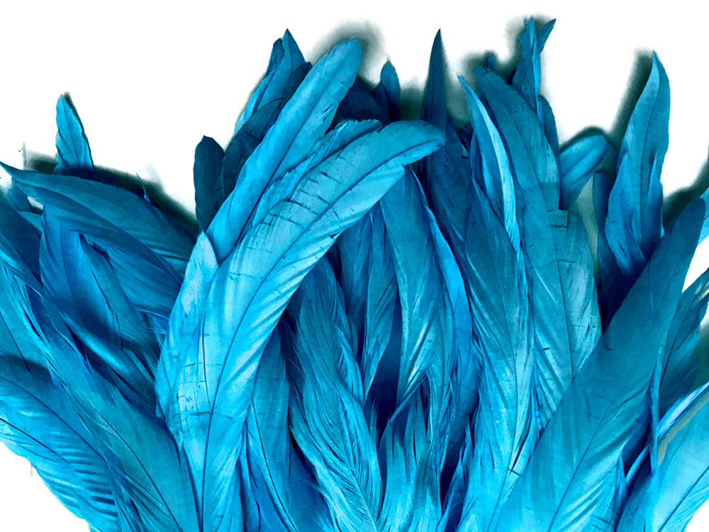 1 Yard - 10-12" Turquoise Blue Bleach & Dyed Coque Tails Long Feather Trim (Bulk)