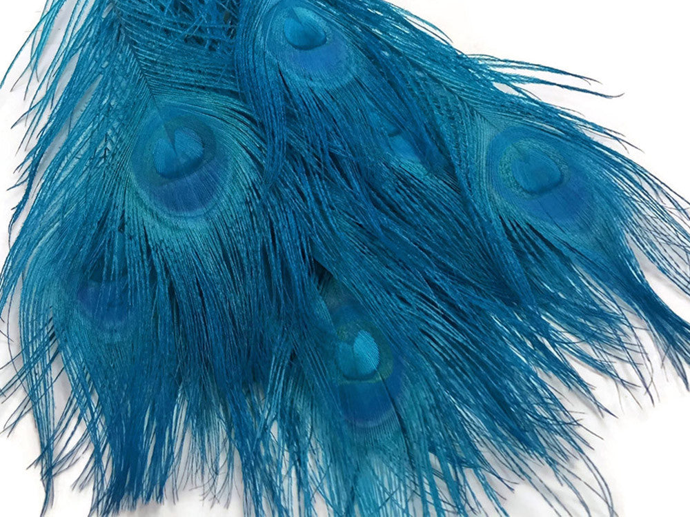 5 Pieces – Turquoise Blue Bleached & Dyed Peacock Tail Eye Feathers 10-12” 