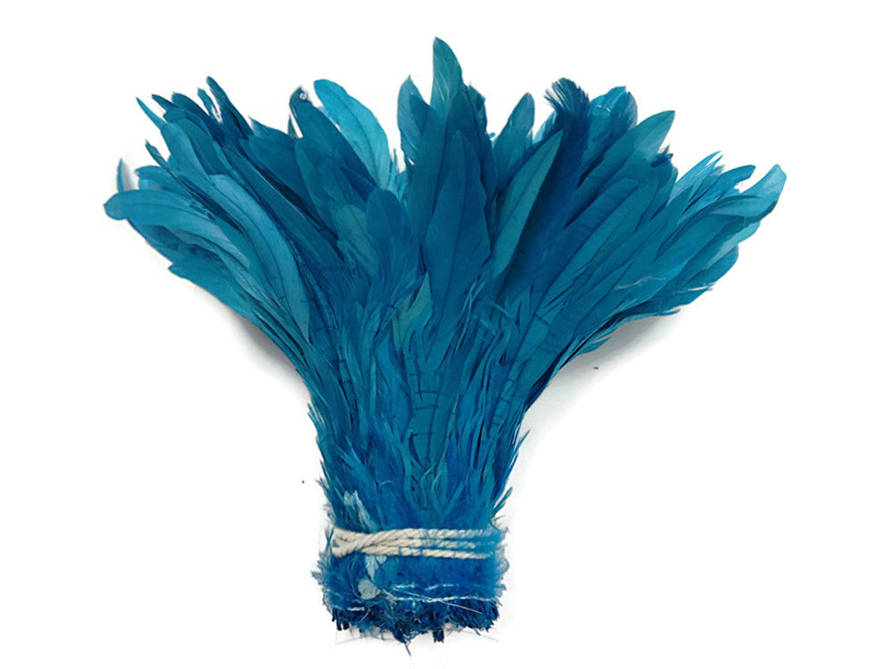 2.5 Inch Strip - Turquoise Blue Strung Bleach & Dyed Rooster Coque Tails Feathers