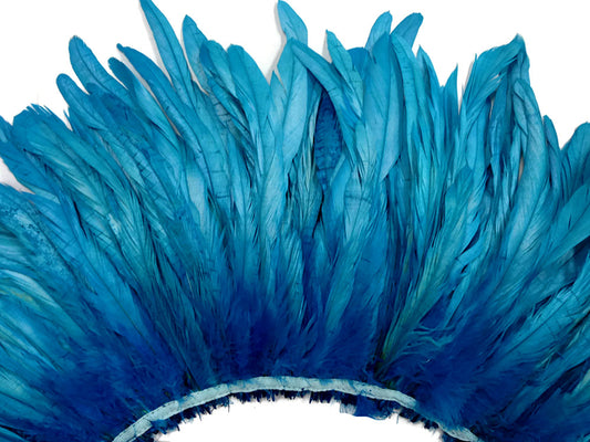 2.5 Inch Strip - Turquoise Blue Strung Bleach & Dyed Rooster Coque Tails Feathers