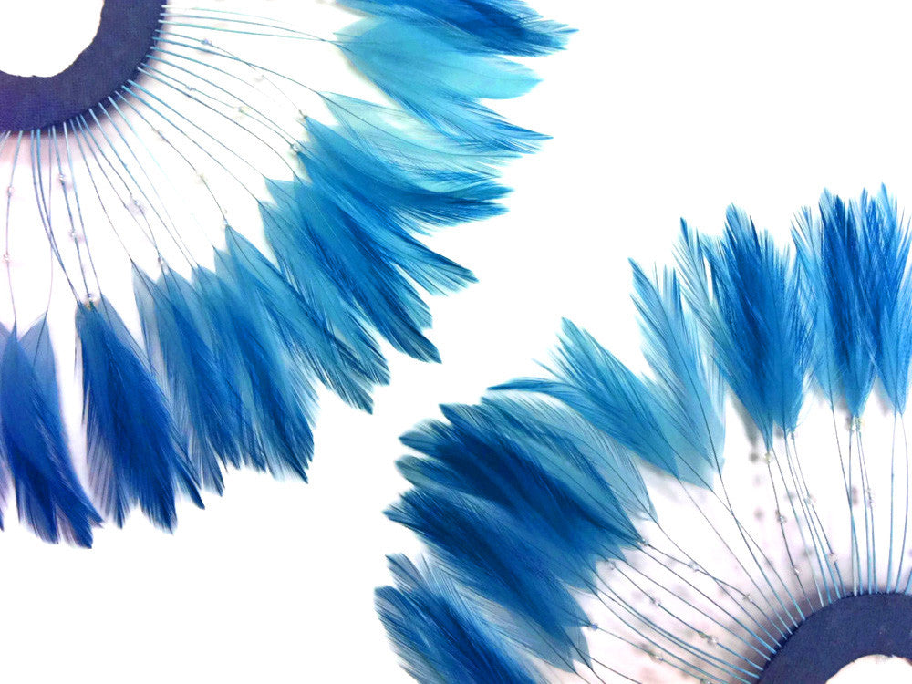 1 Piece - Blue Half Beaded Pinwheel Stripped Rooster Hackle Feather Pads