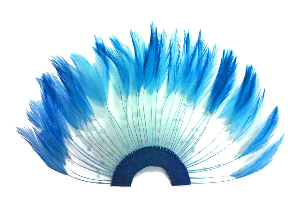 1 Piece - Blue Half Beaded Pinwheel Stripped Rooster Hackle Feather Pads