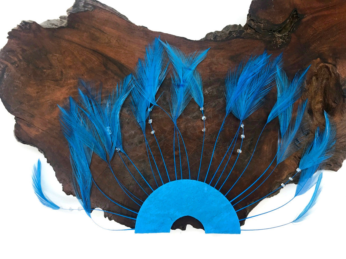 1 Piece - Blue Half Beaded Pinwheel Stripped Rooster Hackle Feather Pads