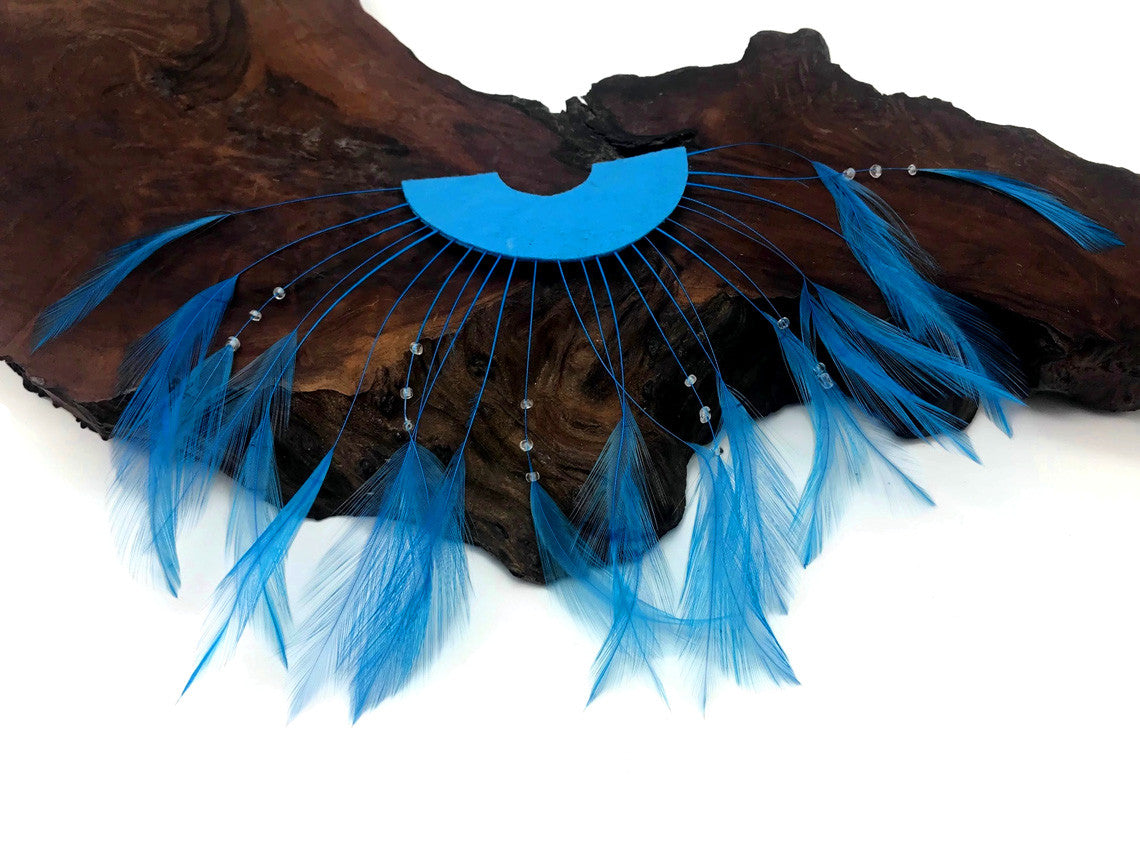 1 Piece - Blue Half Beaded Pinwheel Stripped Rooster Hackle Feather Pads