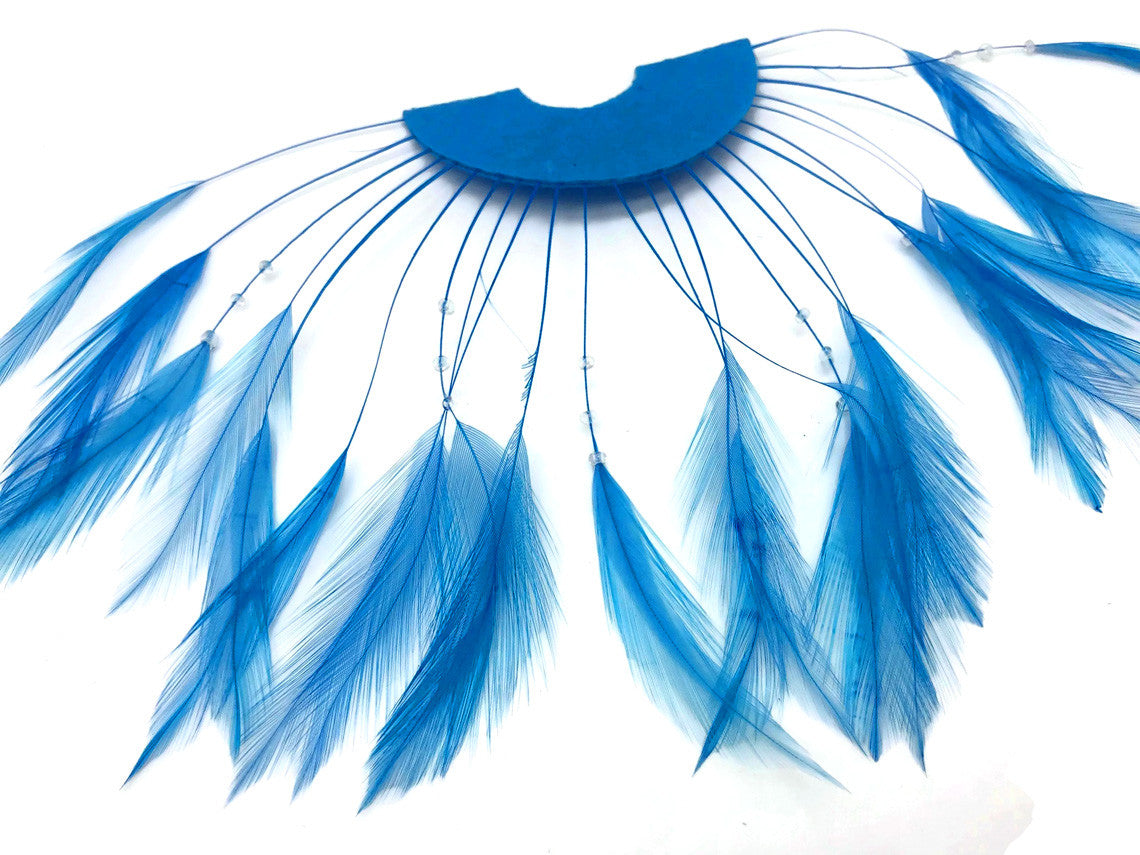 1 Piece - Blue Half Beaded Pinwheel Stripped Rooster Hackle Feather Pads