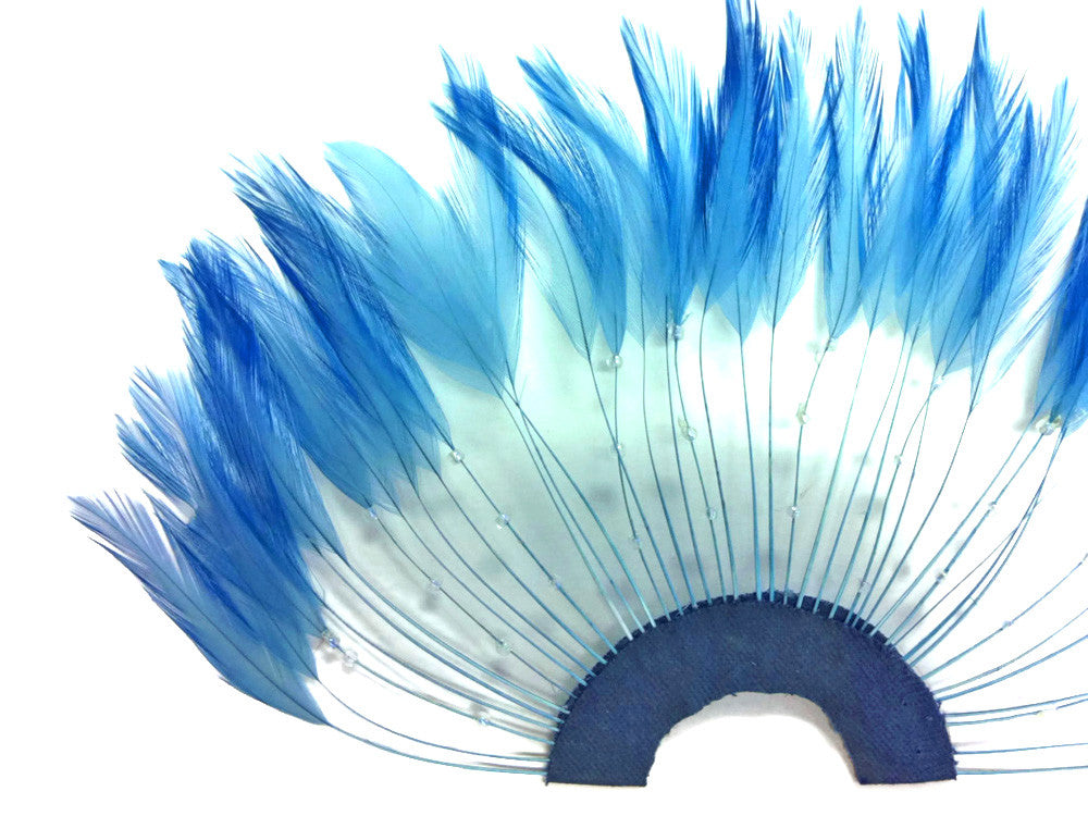 1 Piece - Blue Half Beaded Pinwheel Stripped Rooster Hackle Feather Pads