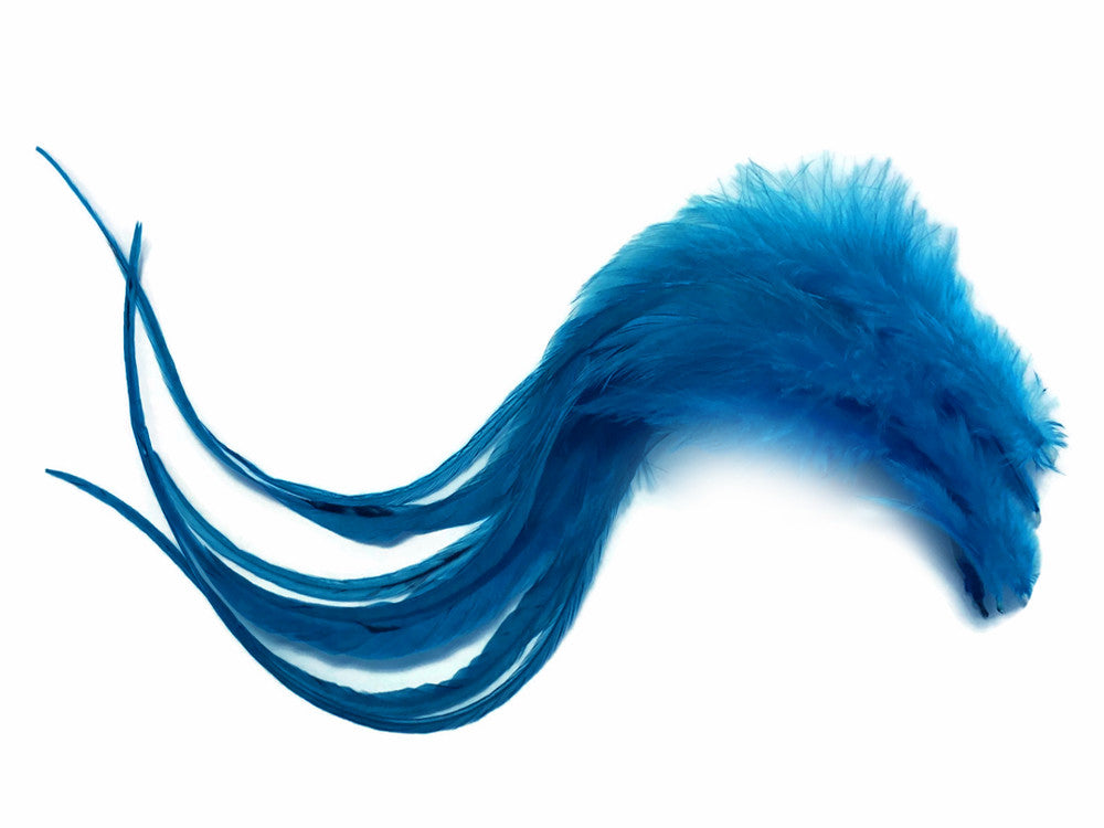 6 Pieces - Solid Turquoise Blue Thick Long Rooster Hair Extension Feathers