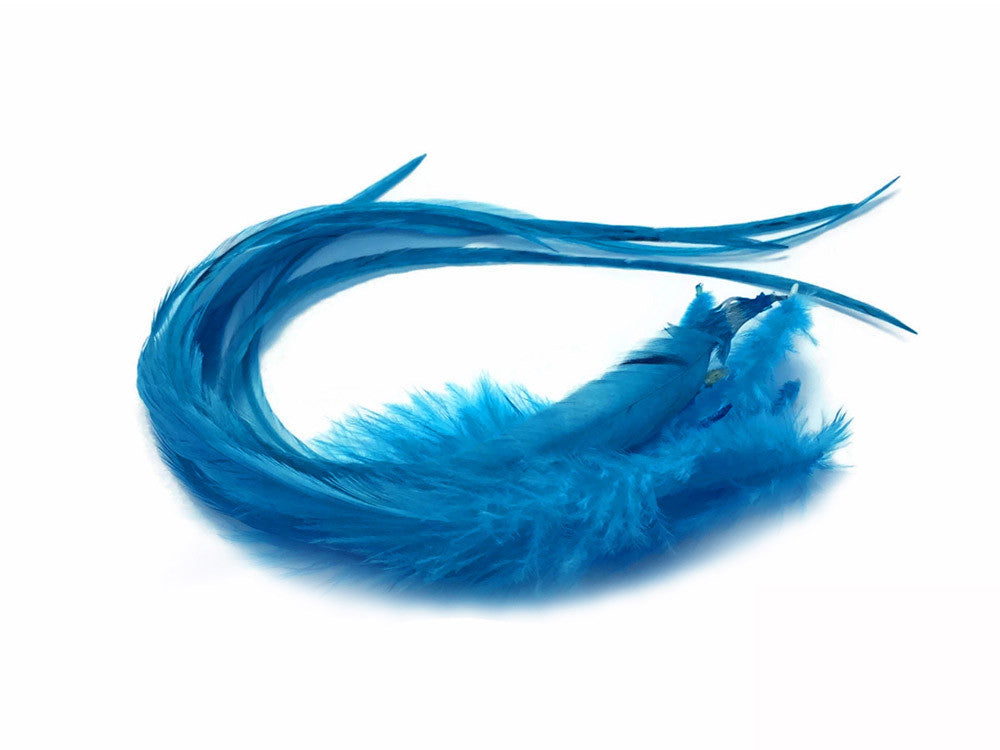 6 Pieces - XL Solid Turquoise Blue Thick Rooster Hair Extension Feathers