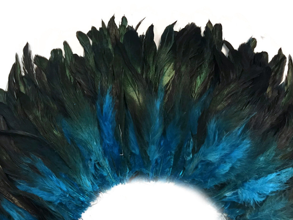 4 Inch Strip - Turquoise Blue Dyed Half Bronze Strung Rooster Schlappen Feathers