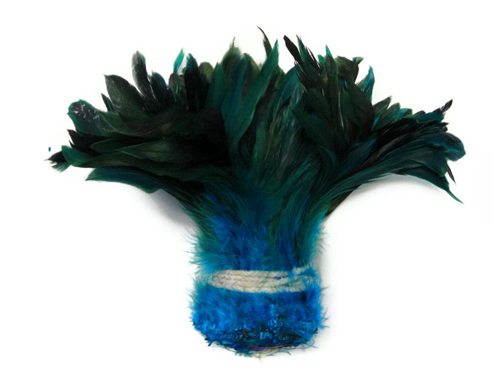 4 Inch Strip - Turquoise Blue Dyed Half Bronze Strung Rooster Schlappen Feathers