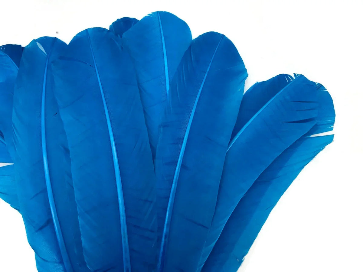 Vibrant blue craft feathers for DIY fashion and decor accessories.