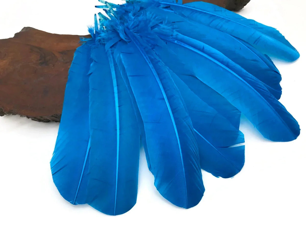 Vibrant bright blue craft feathers arranged on a natural wood base for DIY decor.
