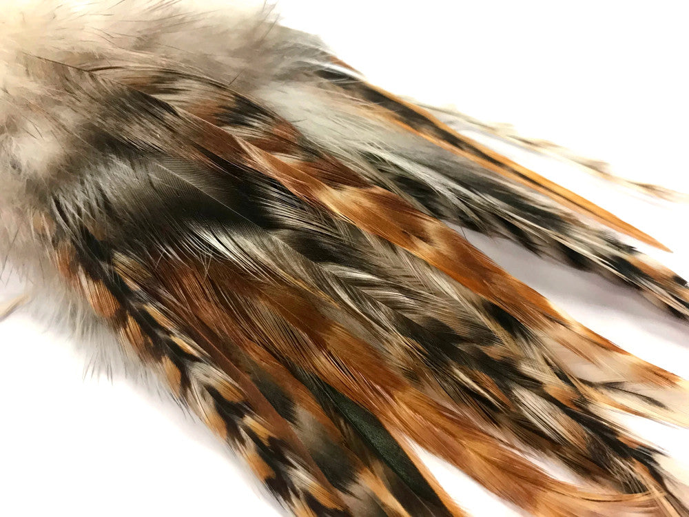 1 Dozen - Medium Natural Unique Ginger Grizzly Rooster Saddle Whiting Hair Extension Feathers