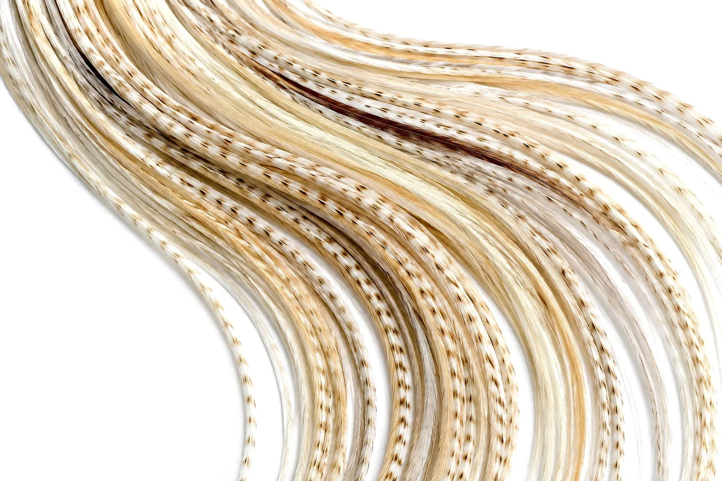 6 Pieces - XL Unique Cream Variant Grizzly Thin Whiting Farms Rooster Saddle Hair Extension Feathers