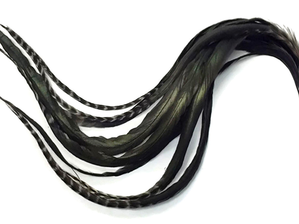 6 Pieces - XL Unique Black Thick Long Grizzly Whiting Farm Rooster Saddle Hair Extension Feathers