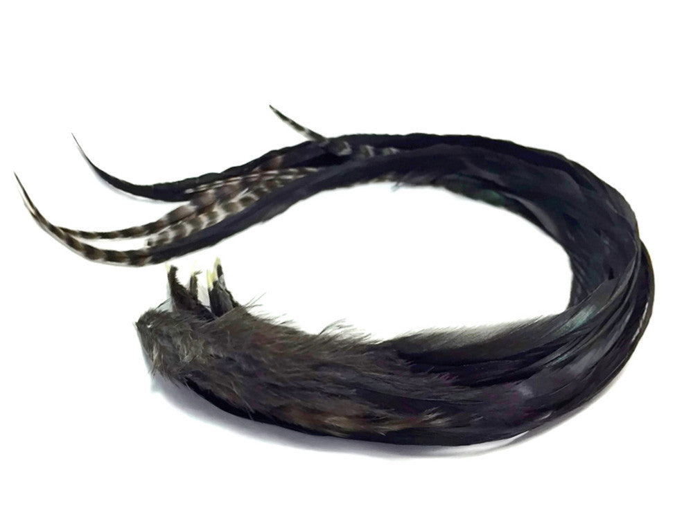 6 Pieces - XL Unique Black Thick Long Grizzly Whiting Farm Rooster Saddle Hair Extension Feathers