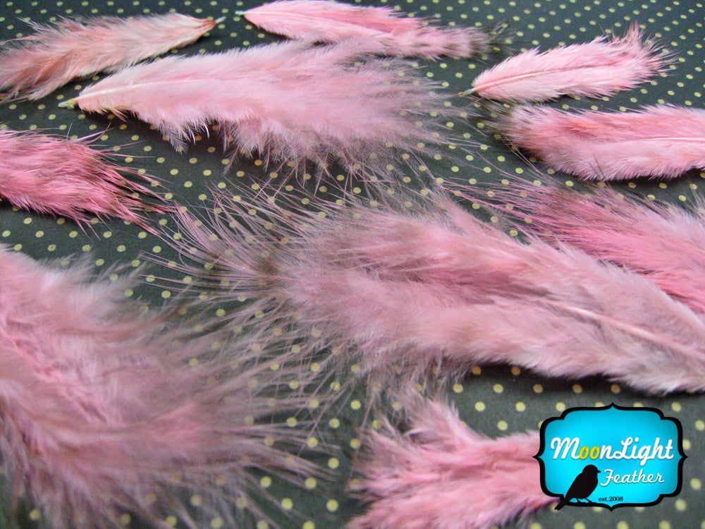 1 Dozen - Unique Pink Grizzly Mini Rooster Chickabou Fluff Whiting Hair Feathers