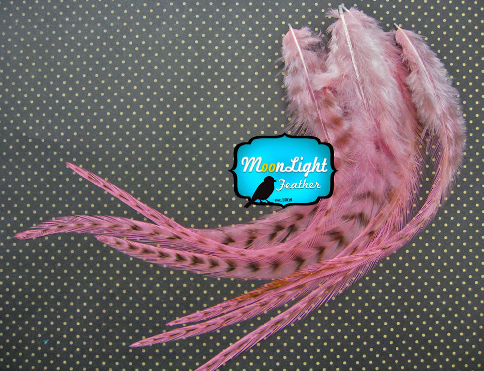 6 Pieces - Unique Pink Thick Long Grizzly Rooster Hair Extension Feathers