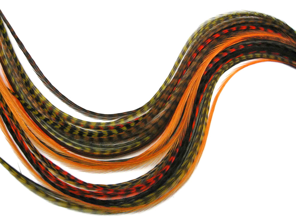 12 Strands - Warm Mix Thin Long Grizzly Whiting Farm Rooster Salon Hair Extension Feathers