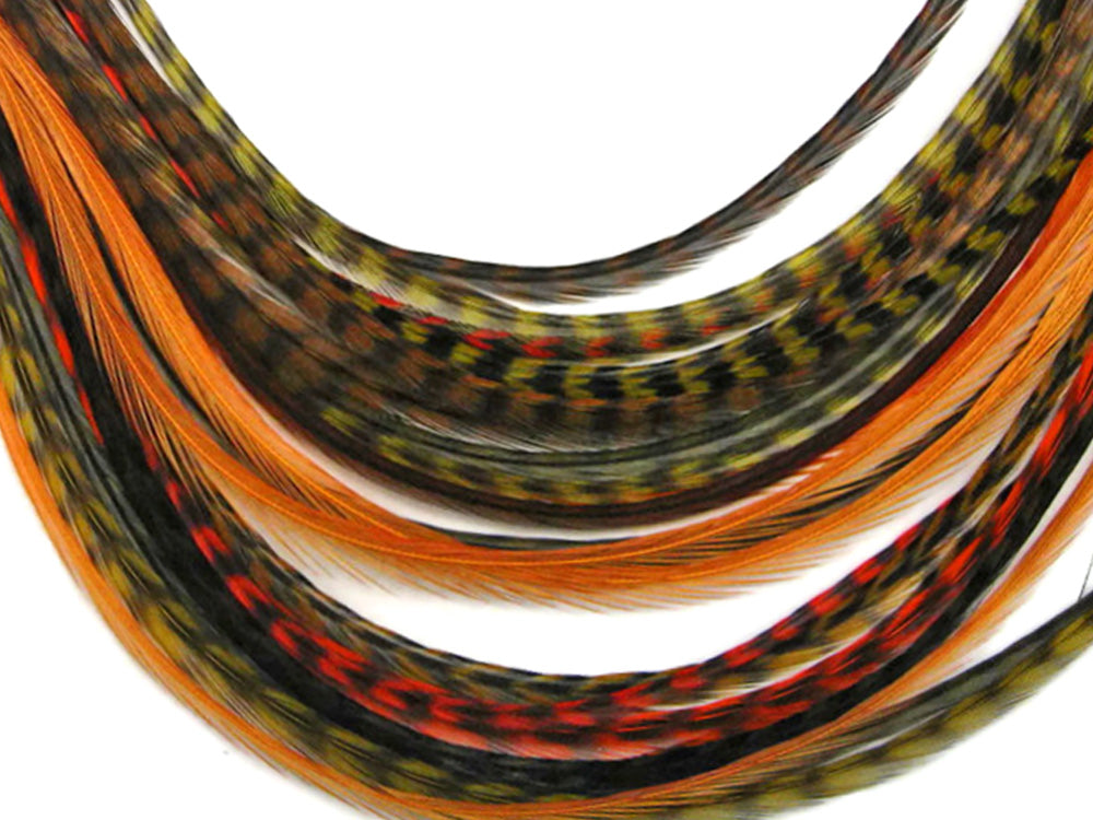 12 Strands - Warm Mix Thin Long Grizzly Whiting Farm Rooster Salon Hair Extension Feathers