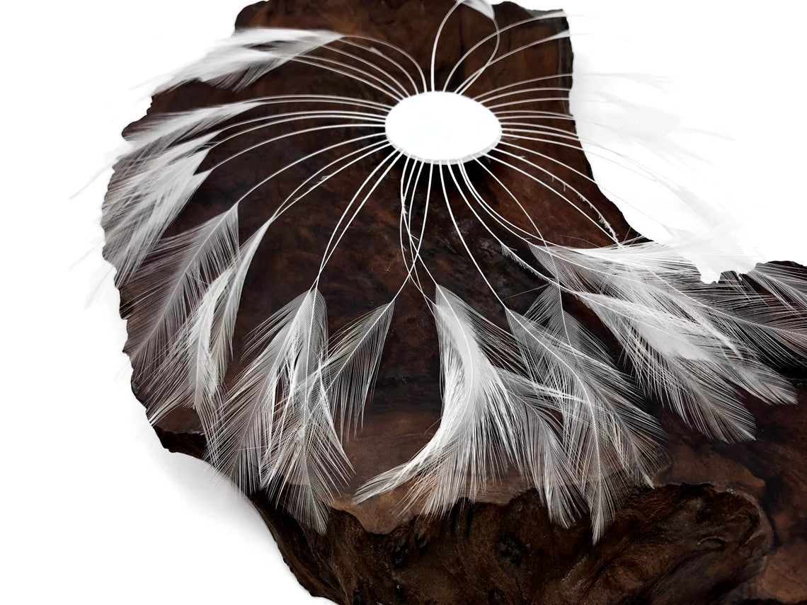 1 Piece - White Whole Beaded Pinwheel Stripped Rooster Hackle Feather Plates