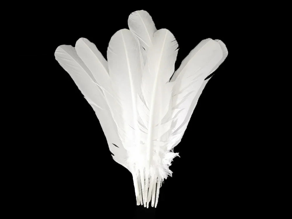 Bundle of long white feathers for DIY crafts, fashion, and décor on a black background.