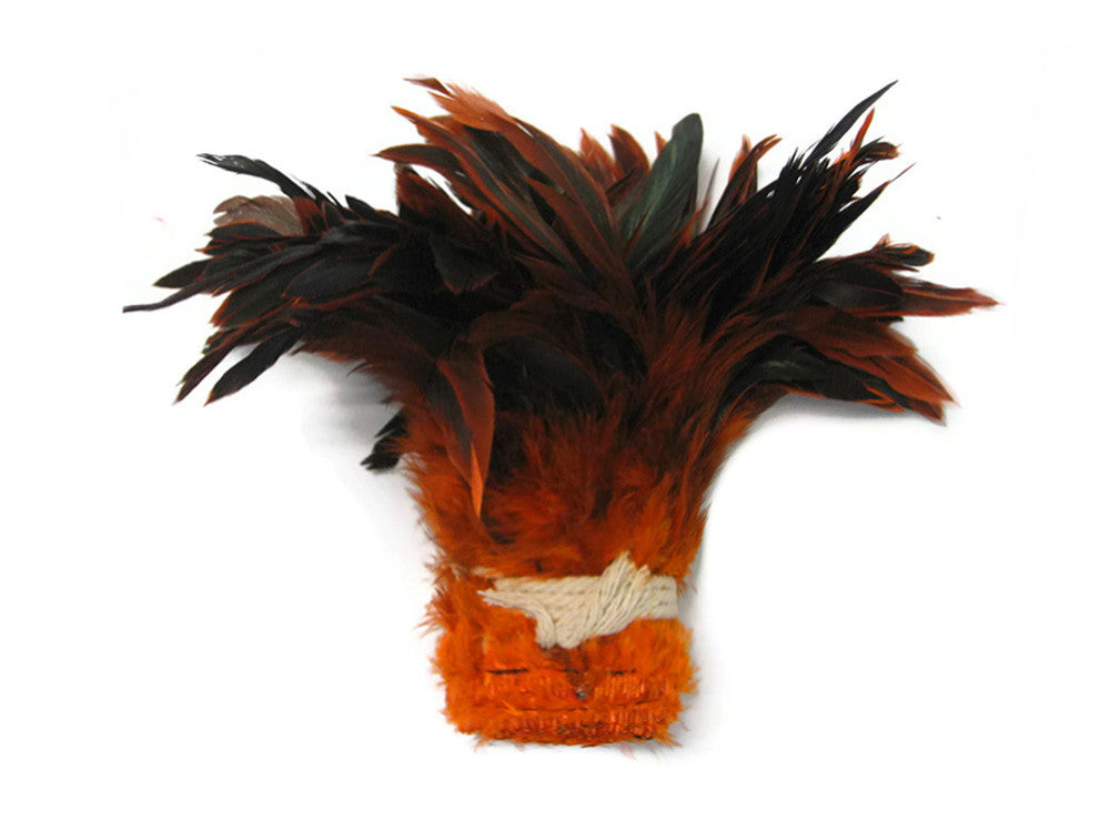 4 Inch Strip - Orange Dyed Half Bronze Strung Rooster Schlappen Feathers