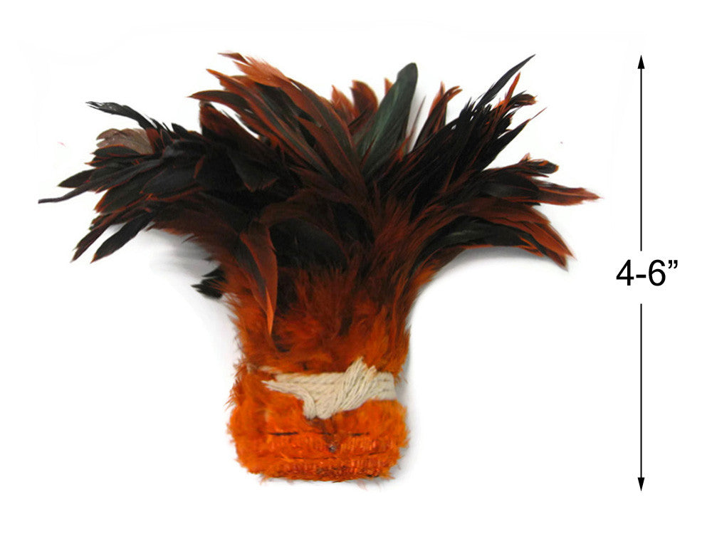 4 Inch Strip - Orange Dyed Half Bronze Strung Rooster Schlappen Feathers