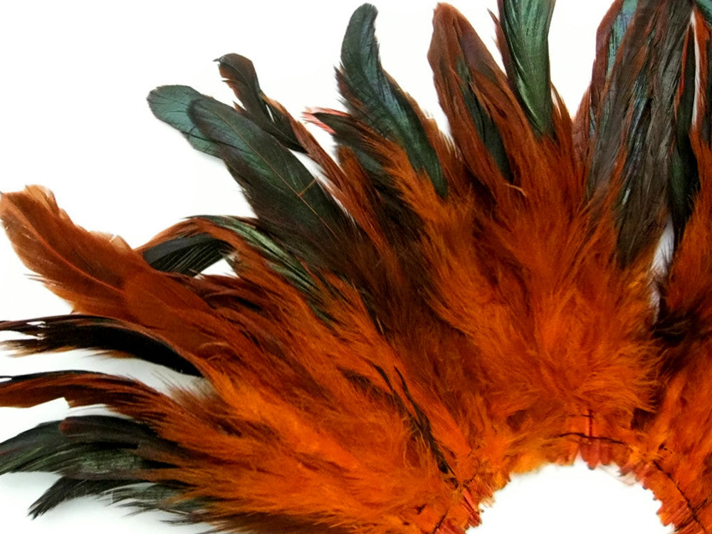 4 Inch Strip - Orange Dyed Half Bronze Strung Rooster Schlappen Feathers