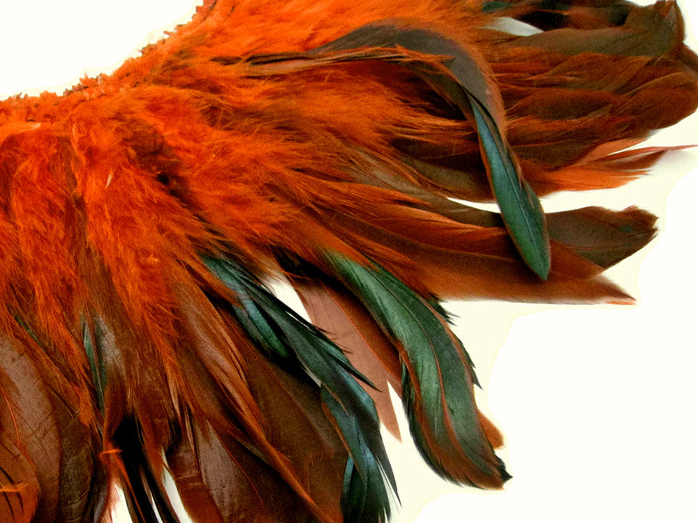 4 Inch Strip - Orange Dyed Half Bronze Strung Rooster Schlappen Feathers