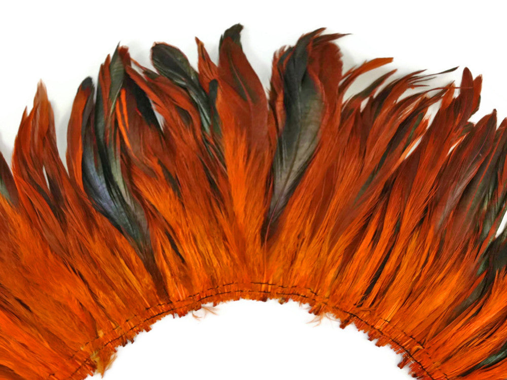 4 Inch Strip - Orange Dyed Half Bronze Strung Rooster Schlappen Feathers