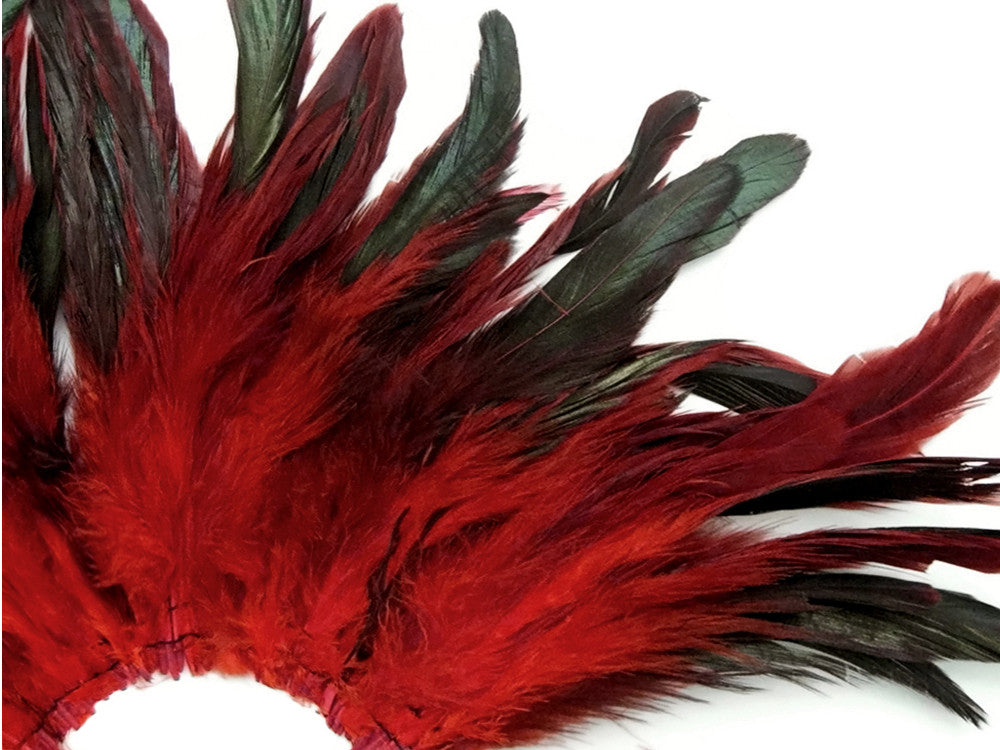 4 Inch Strip - Red Dyed Half Bronze Strung Rooster Schlappen Feathers