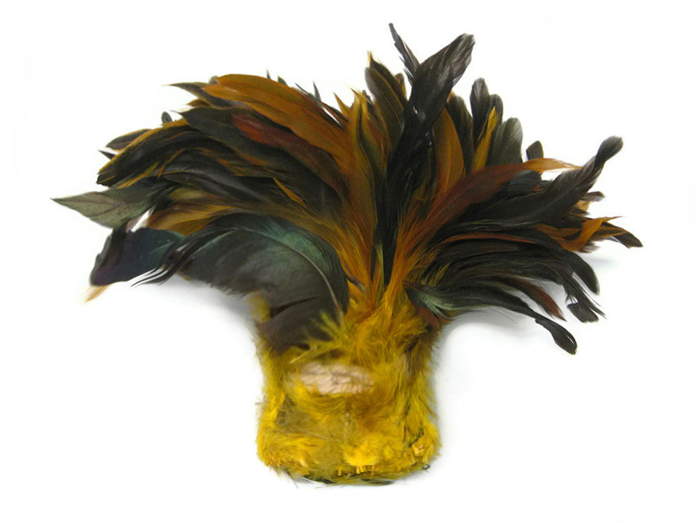 4 Inch Strip - Yellow Dyed Half Bronze Strung Rooster Schlappen Feathers